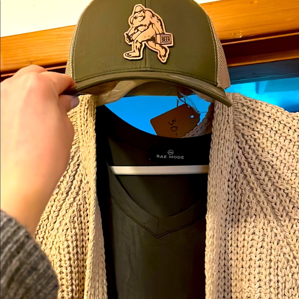 Rae Mode olive green t-shirt dress with Cream Knit Cardigan and SnapBack hat.